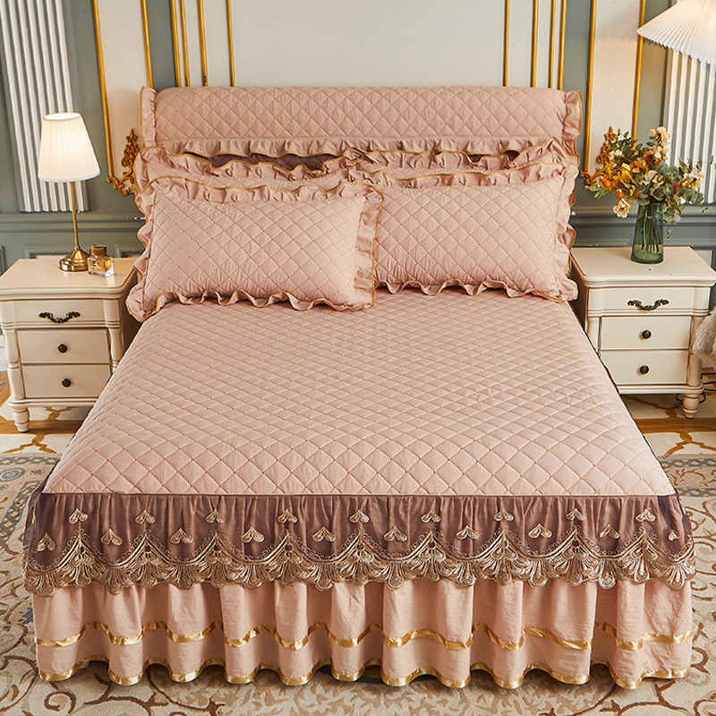 欧式水洗棉夹棉床裙单件纯色蕾丝加厚床罩席梦思防滑床套床头罩