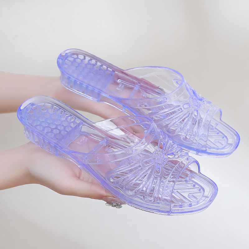 水晶鞋妈妈透明百搭女士塑料低跟家居软底防滑夏季浴室外穿凉拖鞋