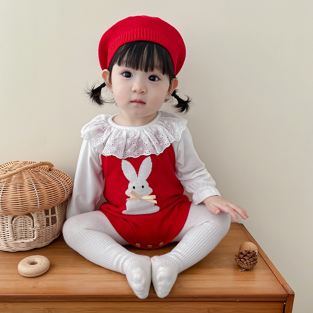 韩版童装婴儿针织背带裤套装兔子哈衣秋冬装女宝宝百天周岁礼服红