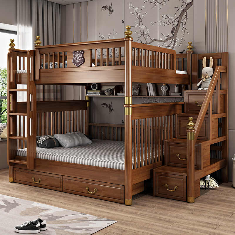 新中式上下同宽双层床两层高低床儿童床上下铺床平行子母床全实木