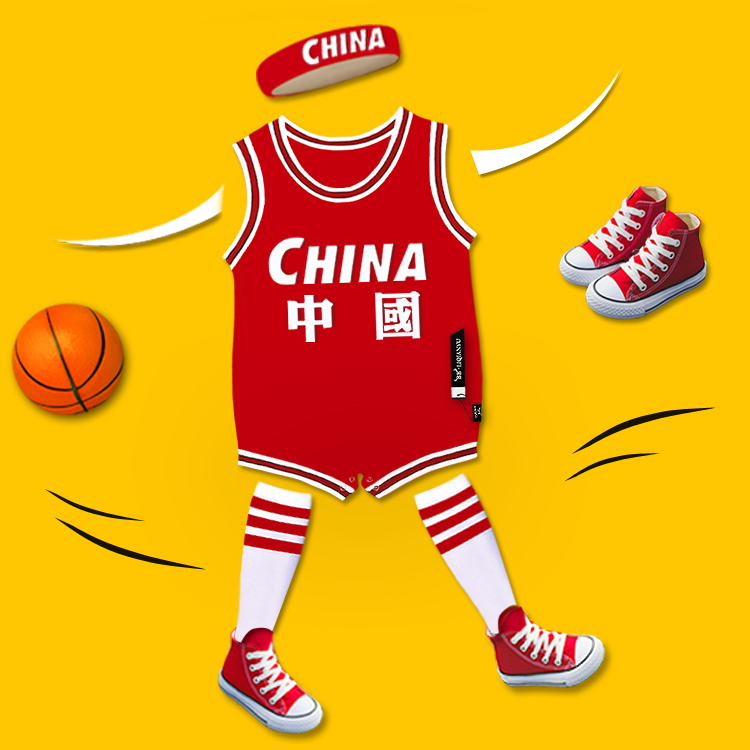 婴儿连体衣夏装宝宝无袖背心短爬男女篮球服新生儿中国三角爬服