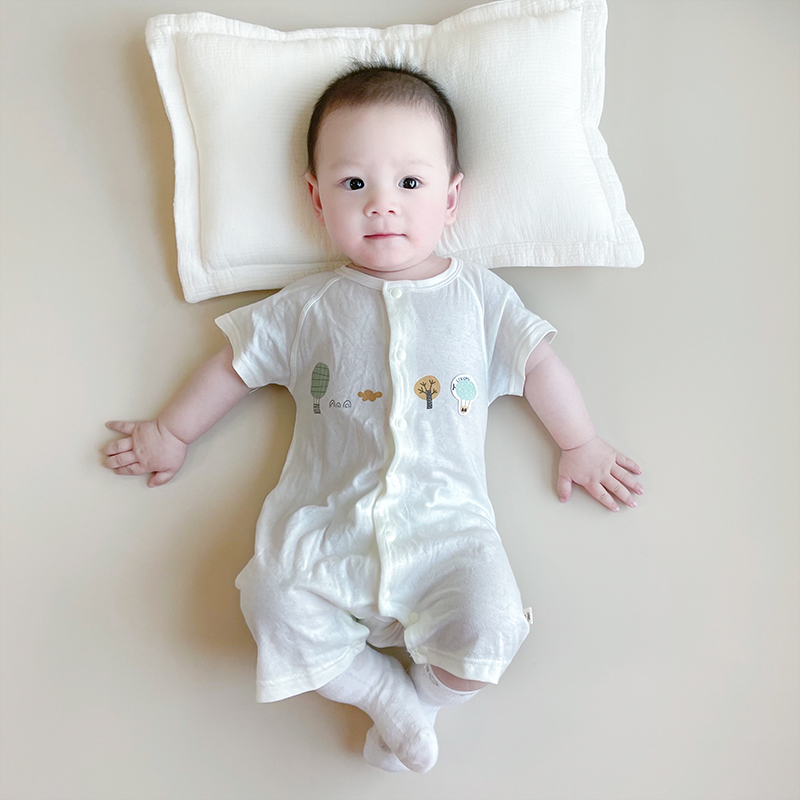 婴儿夏季短袖薄款连体衣对开透气空调服宝宝圆领爬服睡衣无骨哈衣