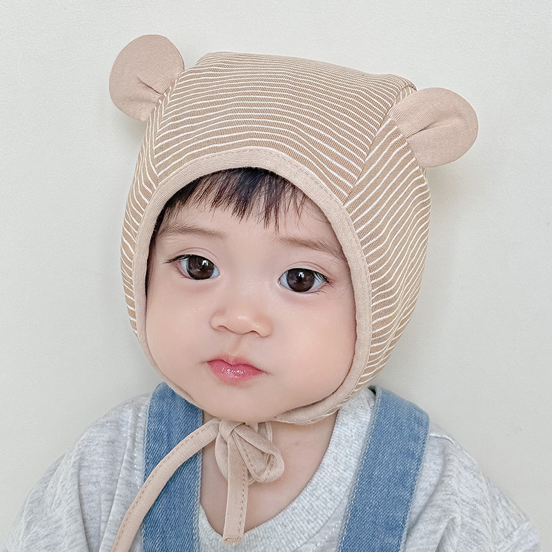 婴儿帽子春秋款纯棉条纹男孩女宝宝包头帽可爱秋季薄款男童护耳帽