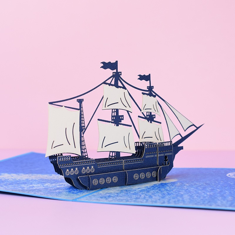 极速蓝色帆船3D立体贺卡一帆风顺创意教师节卡片男生生日出国留学