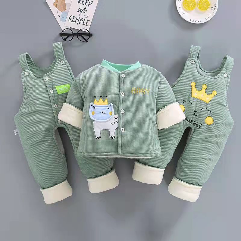 男童婴儿0-1岁秋冬加厚4-5-6月女宝宝背带裤婴幼儿棉衣服三件套装