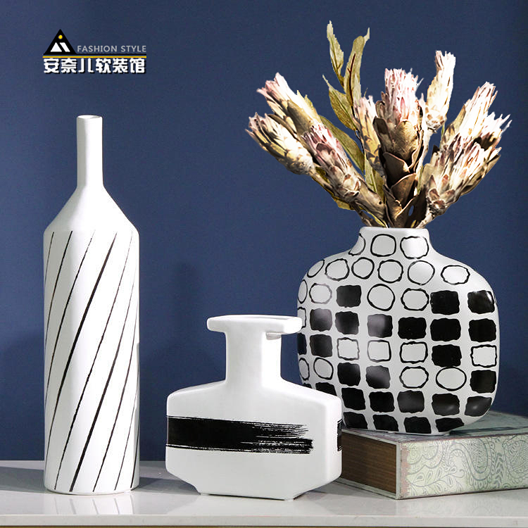 创意手绘黑白色几何图案陶瓷花瓶花器现代家居样板房软装饰品摆件