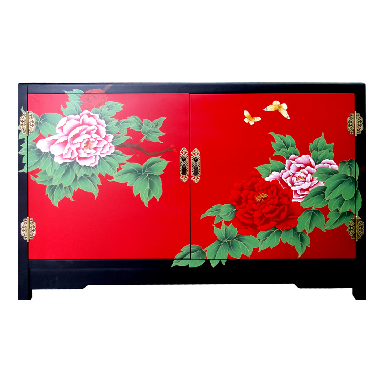 漆艺彩绘富贵牡丹玄关装饰鞋柜定制 扬州漆器新中式古典实木家具