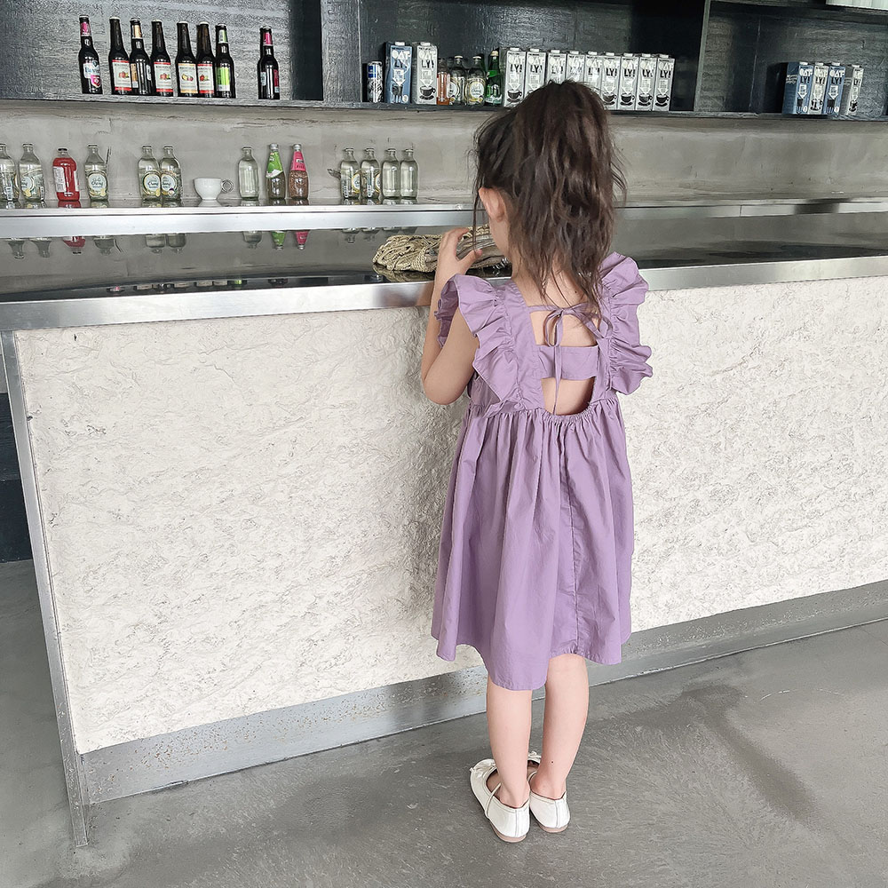 2024新款夏装3-8岁女童紫色花边飞袖连衣裙纯棉布无袖裙子