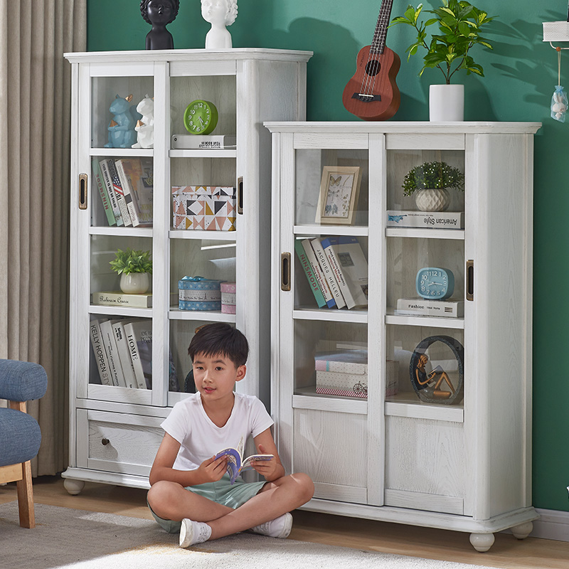 儿童书柜b带门玻璃门白色落地实木书架置物架美式抽拉小推拉门书