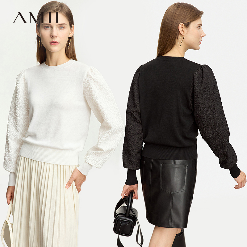 Amii2024春新款设计师风格泡泡袖长袖拼含羊毛精梳纱毛衣女