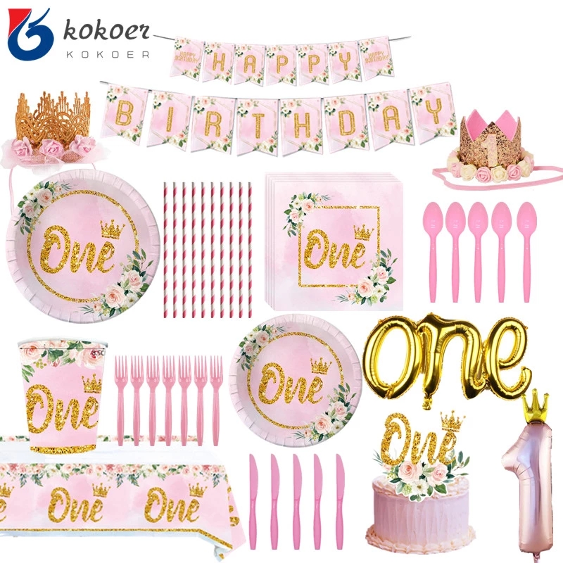 One粉色1岁女宝宝生日主题套装派对餐具盘杯纸巾气球背景布用品