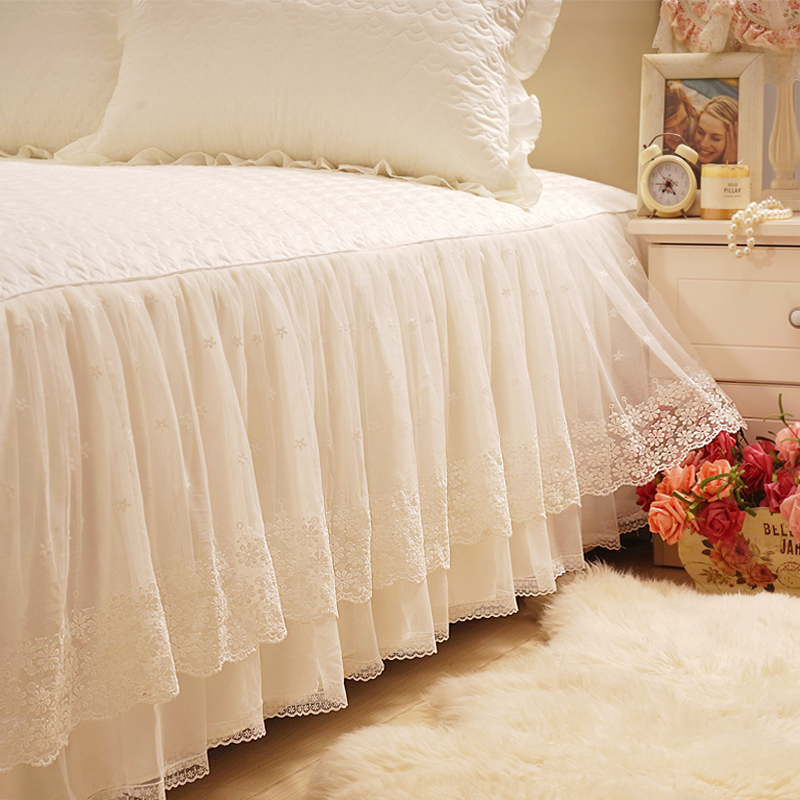 刺绣蕾丝床裙床罩纯棉加厚双人席梦思罩三层奶白色床笠床单单件