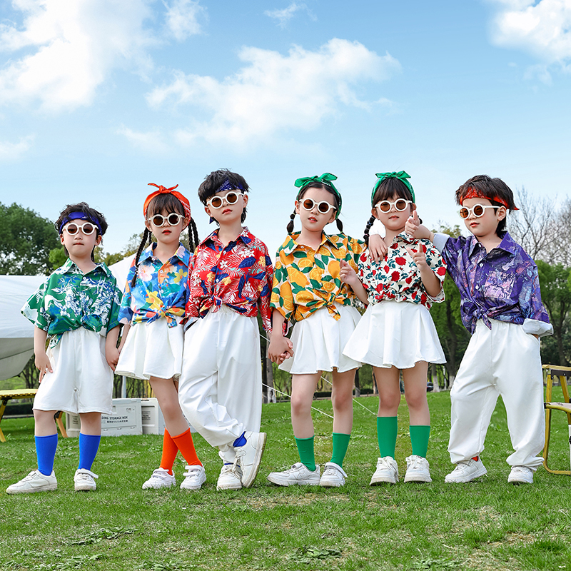 六一儿童演出服爵士舞蹈服港风护花使者套装复古花衬衫幼儿园表演