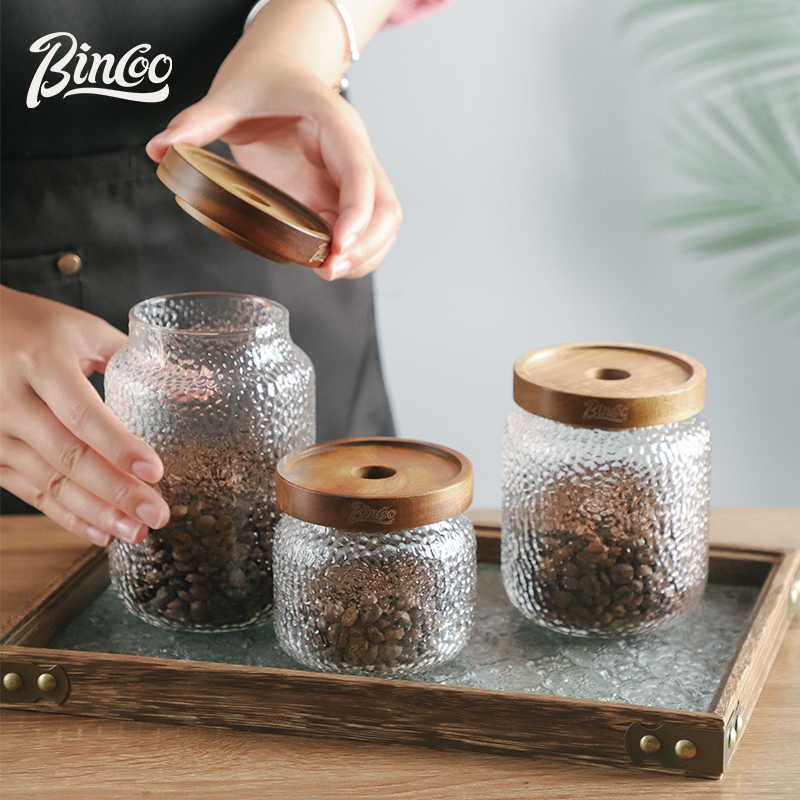 Bincoo咖啡密封罐玻璃食品级相思木盖储物罐子咖啡粉豆储存罐
