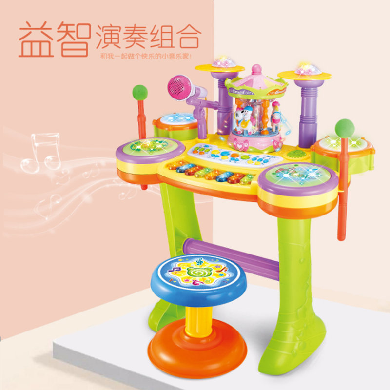 61大礼盒儿童架子鼓电子琴益智玩具多功能充电麦克风旋转木马鼓琴