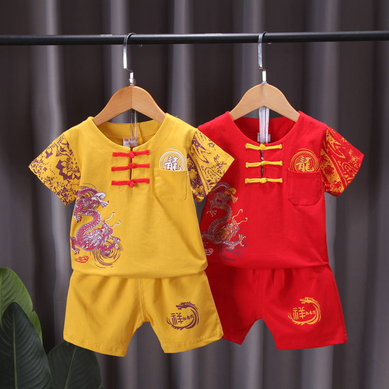 儿童唐装男宝宝夏装中国风男童短袖套装婴儿衣服复古汉服一件代发
