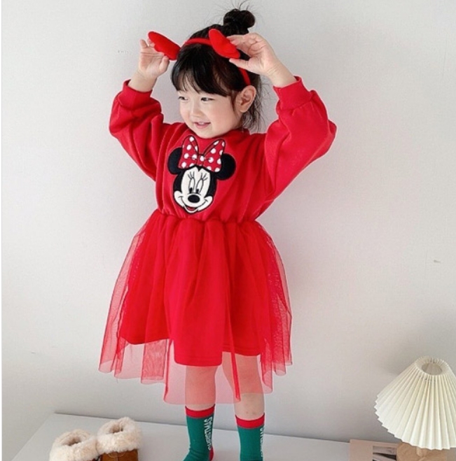 韩国南大门童装Moran米奇米妮公主长袖网纱裙 迪士尼卡通连衣裙