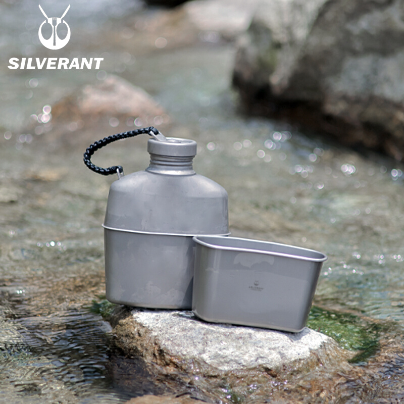 银蚁纯钛水壶可烧水大容量轻量便携两用户外露营折叠单兵饭盒套装