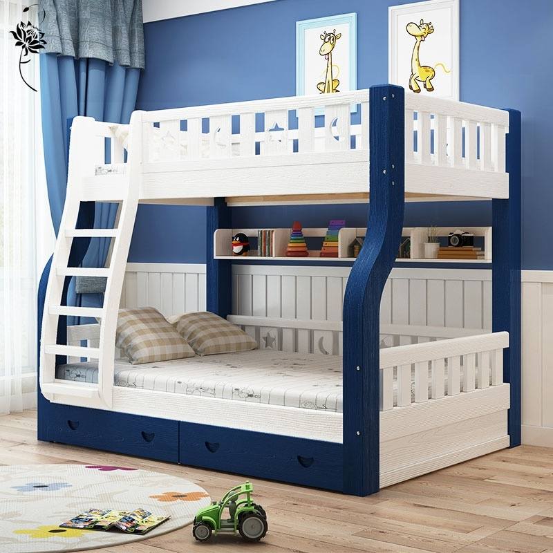 交错式上下床铺实木床带书架现代简约两层子母床男女孩高低儿童床