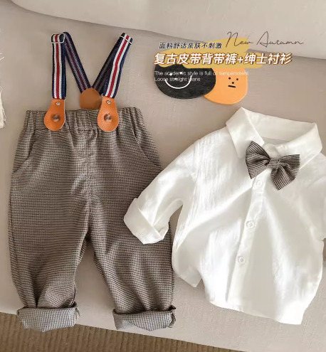 婴儿绅士套装 0-3岁宝宝秋装周岁礼服男童帅气衬衫背带裤两件套
