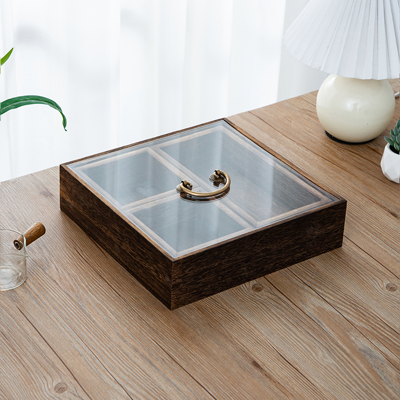 正品中式实木桌面分格干果盒带盖木质坚果盘客厅茶几糖果盘零食收