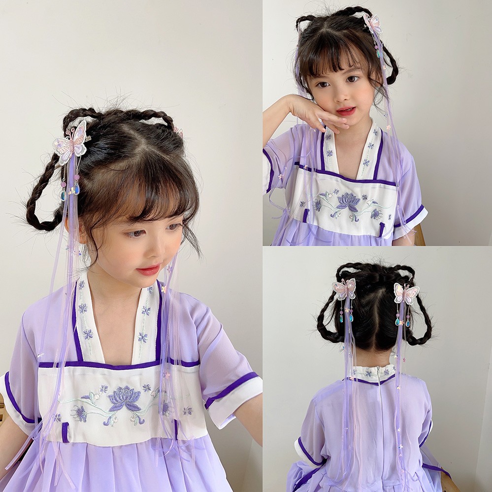 儿童汉服配饰女童古风发饰优美步摇流苏紫蝴蝶发夹精致中国风对夹