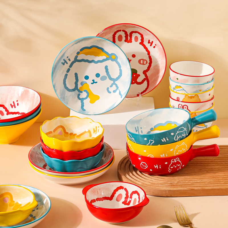 川岛屋卡通儿童碗家用可爱宝宝吃饭碗陶瓷餐具盘子汤碗面碗手柄碗