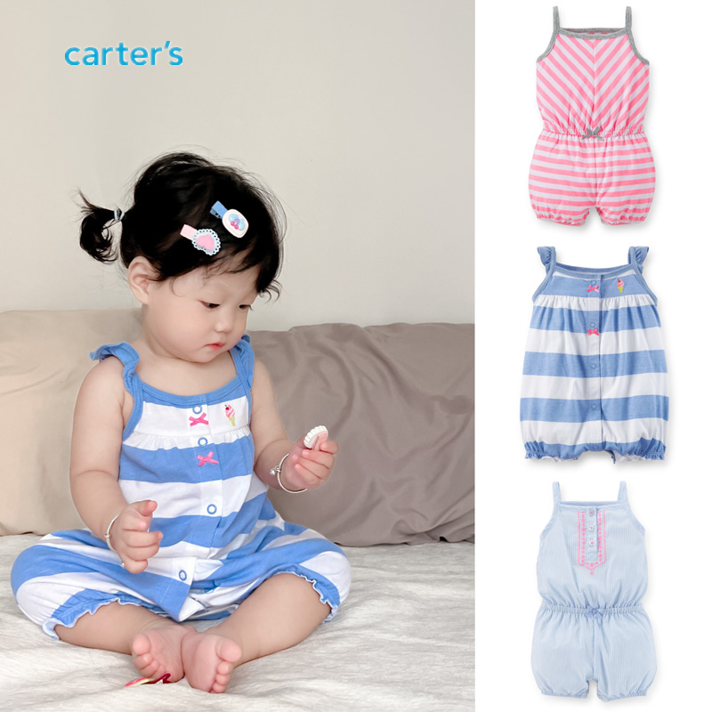 美国Carter's女宝宝夏款纯棉吊带连体衣婴儿无袖单排扣短款爬爬服