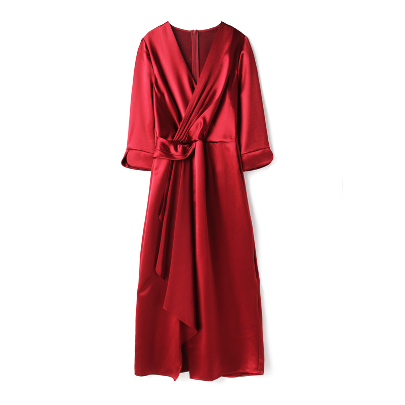 【迷君官方店】设计师系列醋酸纯色红色奢华高端连衣裙MJ6188