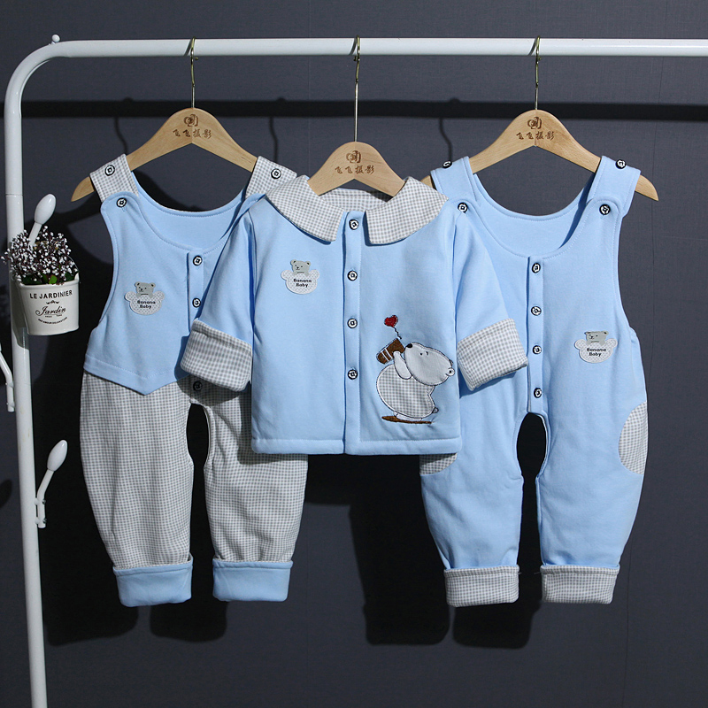 婴儿薄棉衣套装春秋款男女宝宝衣服纯棉背带三件套0-1岁夹棉保暖