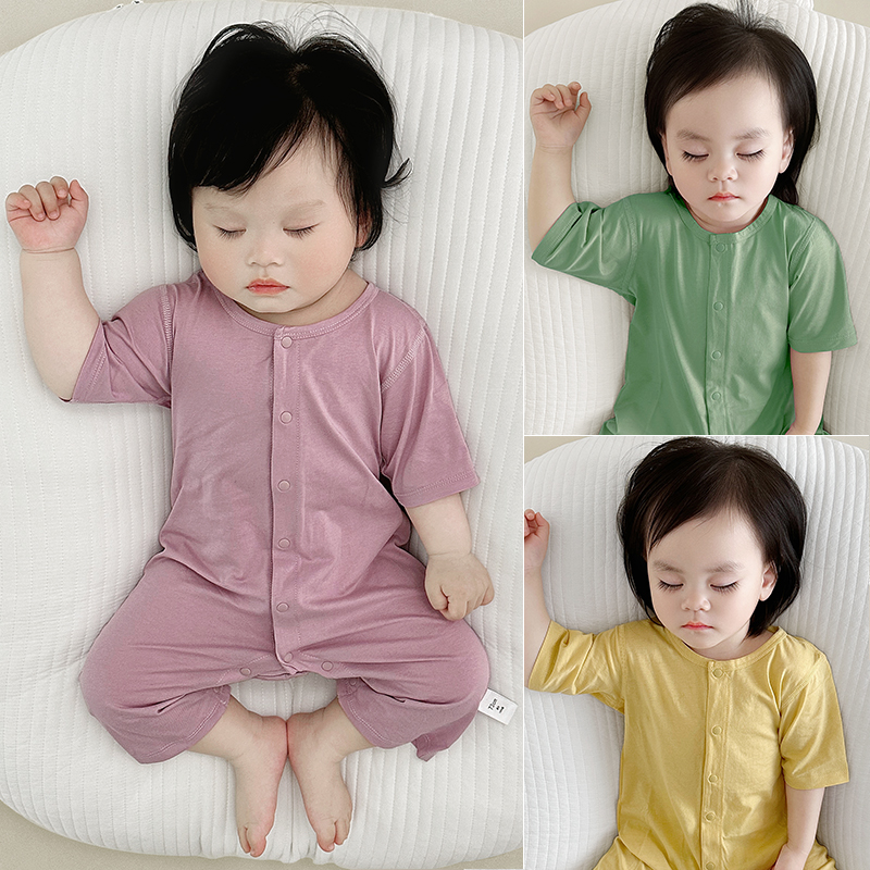 婴儿连体衣夏装薄款中袖九分裤无骨爬服哈衣婴幼儿宝宝睡衣空调服