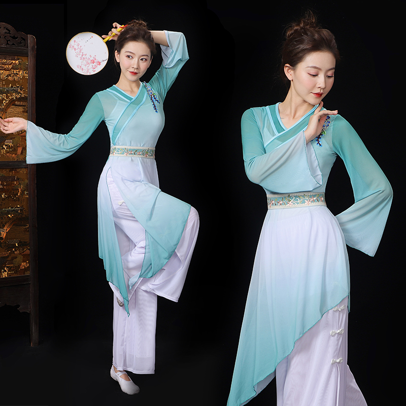 中国风汉服女古典舞蹈披飘逸身韵纱衣行体练功服民族表演出装网纱