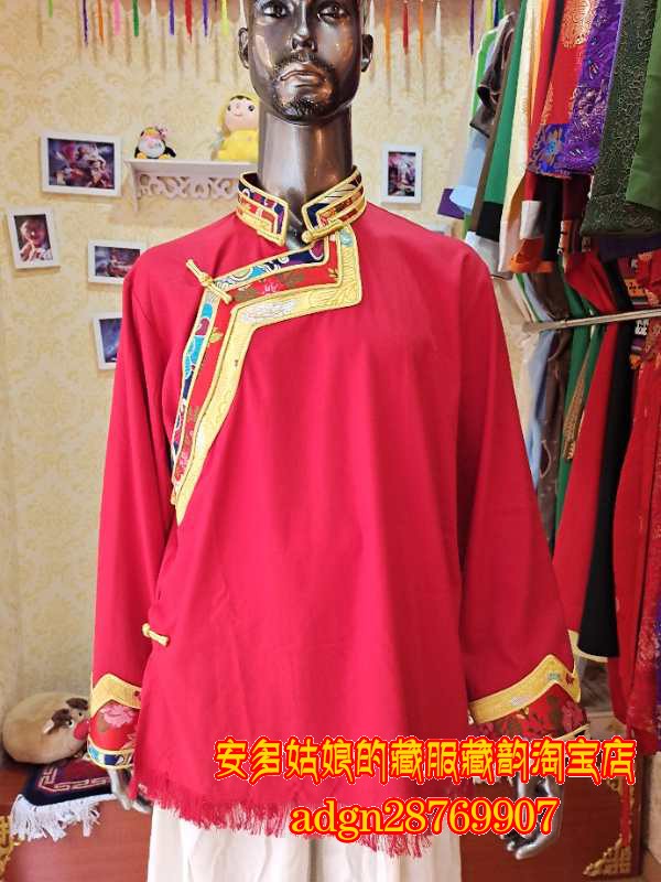 西藏藏族藏装上衣藏服新款外套男式彩边领子藏式民族棉麻红衬衣