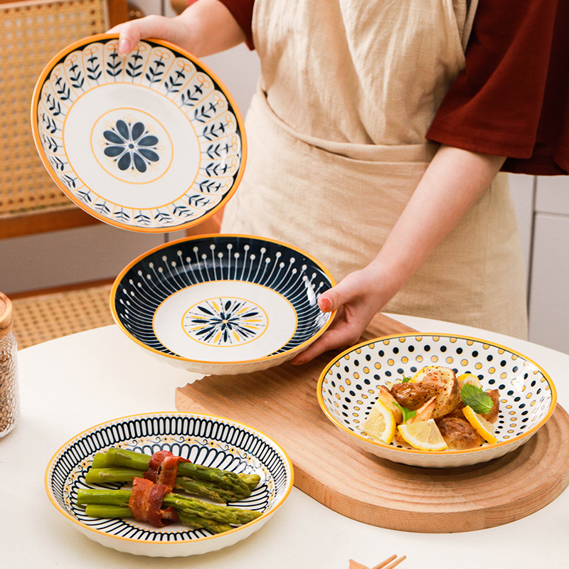 北欧陶瓷盘子个性家用餐具釉下彩菜盘创意8英寸饭盘高颜值深圆盘