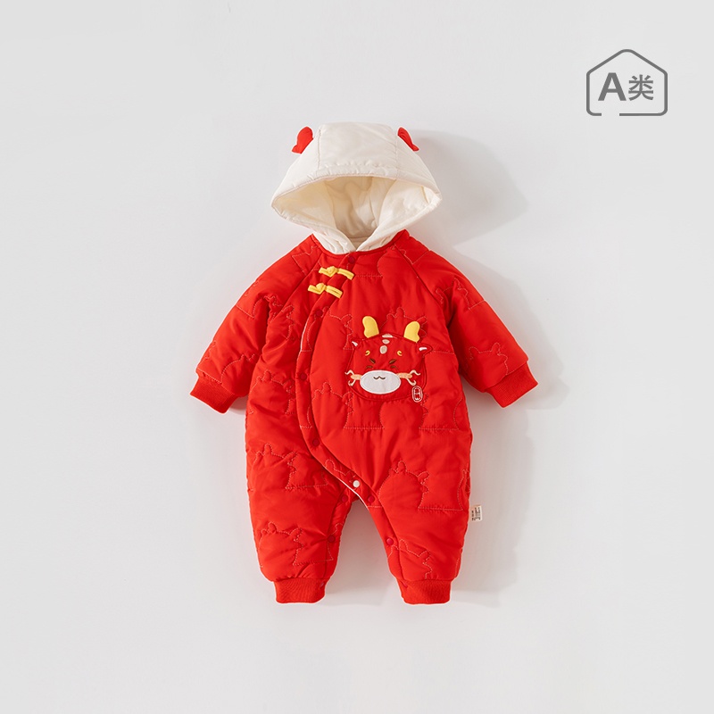 婴儿冬季加厚连体衣宝宝红色斜襟拜年服儿童秋冬外出保暖哈衣