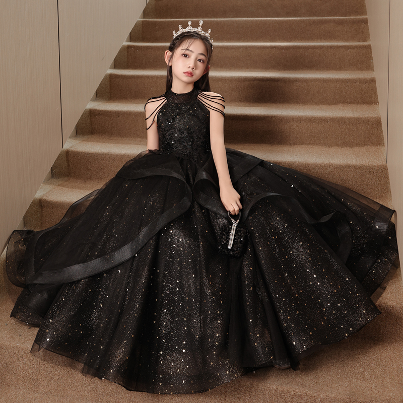 女童礼服轻奢小众高端黑色公主裙儿童走秀主持人钢琴演奏演出服装