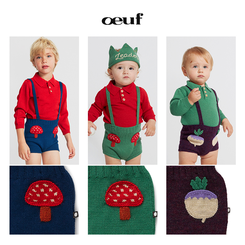 OEUF AW20 秋冬婴儿男童羊驼毛绿色蘑菇短裤女童宝宝针织背带裤