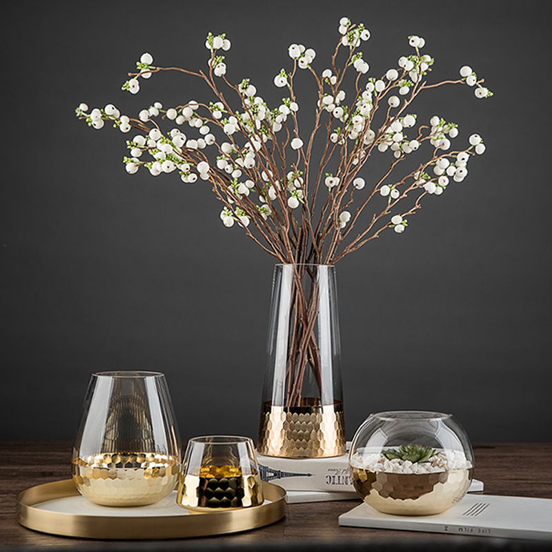 简约金色蜂窝刻磨玻璃花瓶家居客厅餐桌透明水培花器软装饰品摆件