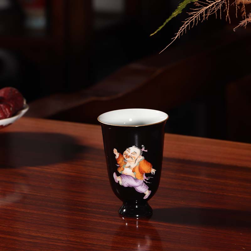 古彩人物趣乐高足闻香杯景德镇陶瓷中式主人杯茶杯手绘单杯容量70
