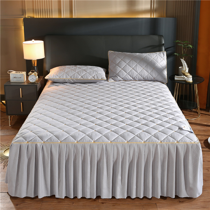 新款简约纯色加棉床裙式床罩防滑床套席梦思保护罩床单床盖四季款