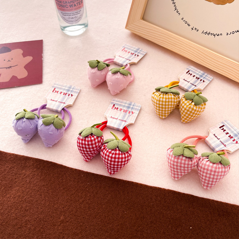 韩版新款布艺格子草莓儿童发圈可爱水果造型宝宝头绳扎头发绳头绳