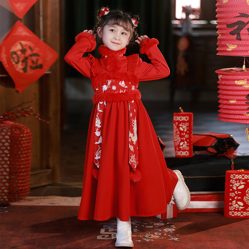 高档红色汉服女童国风旗袍冬季长袖加绒小女孩改良唐装中式儿童拜
