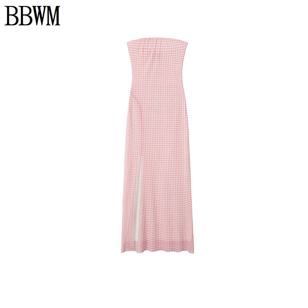 BBWM 新款 欧美女装时尚修身显瘦印花绢网抹胸连衣裙