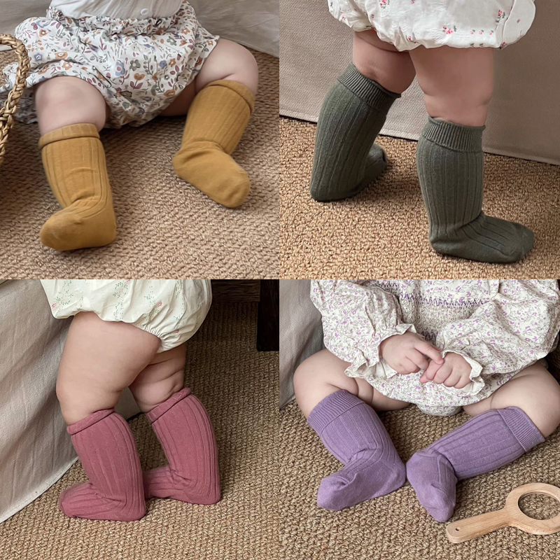 婴儿中筒袜秋冬韩版男女童双针抽条素色百搭长筒袜子宝宝堆堆袜