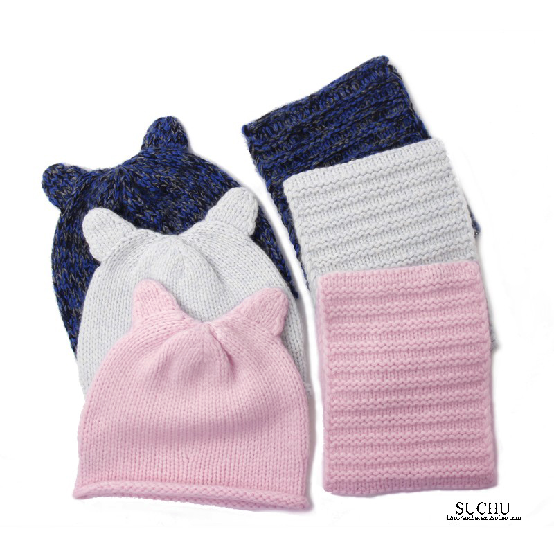 SUCHU素雏 加厚保暖兔耳朵儿童羊绒帽子围巾套装秋冬季宝宝两件套