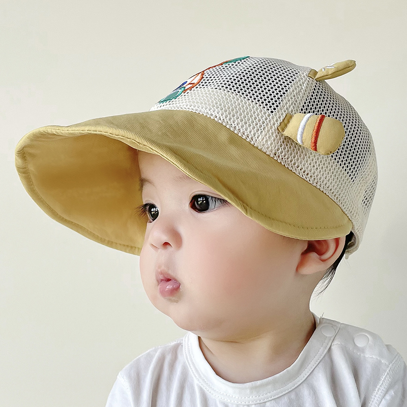 婴儿防晒帽子夏季男童卡通小熊网格太阳帽宝宝夏天透气大檐遮阳帽