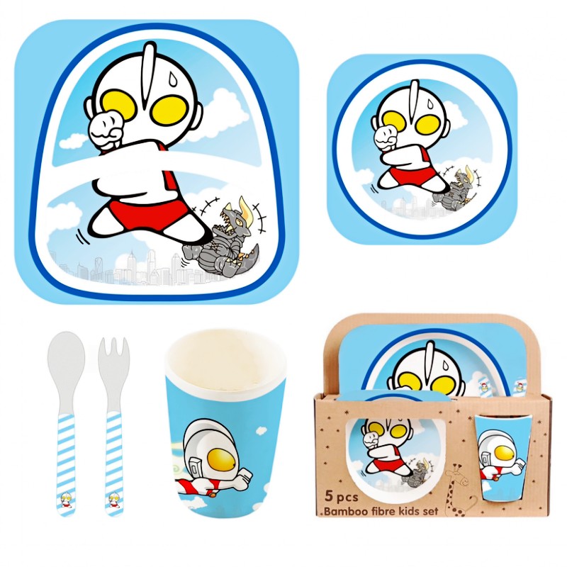 竹纤维儿童餐具套装 创意卡通碗分格餐盘勺叉杯子五件套礼品餐具
