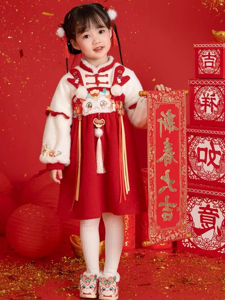 女童喜庆红色加绒连衣裙冬装儿童中国风龙年拜年服宝宝过年衣服