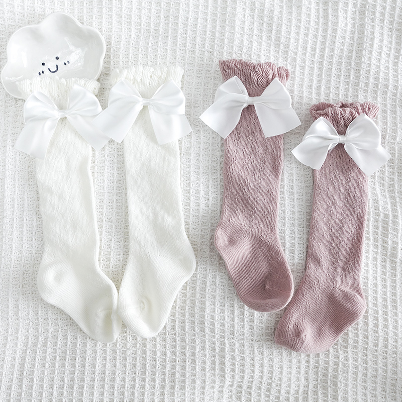 宝宝长筒袜春夏季网眼镂空婴儿高筒袜子纯棉花边袜女童蝴蝶结袜