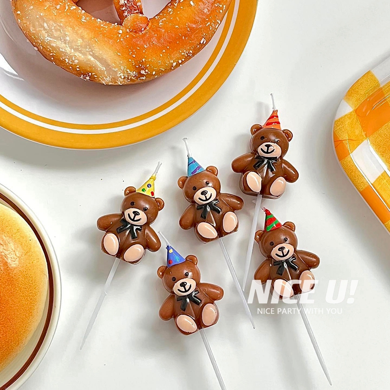 NICE U !韩国ins棕色生日帽子小熊蜡烛蝴蝶结熊蜡烛蛋糕插件装饰
